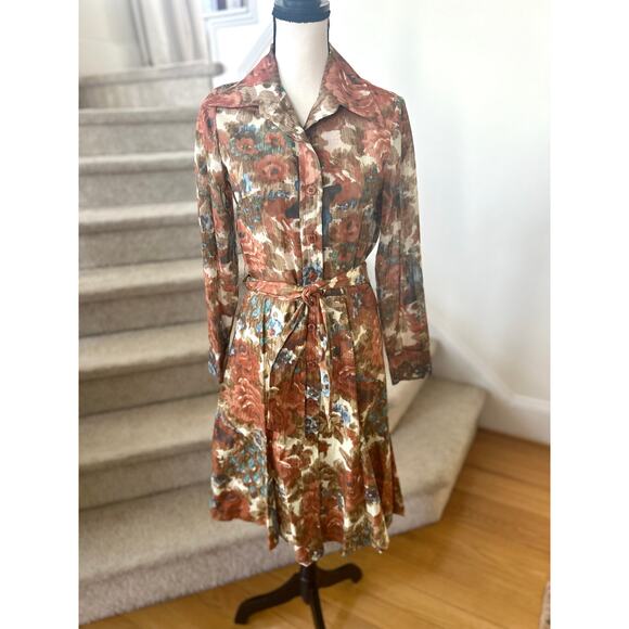 Vintage 70s Brown & Blue Floral Belted Fit & Flare Shirt Dress - Picture 1 of 9